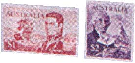 The Matthew Flinders $1 stamp and the George Bass $2 stamp, both issued in 1966 for Decimal Currency