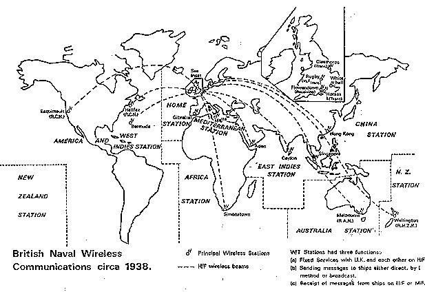 map showing British Naval Communications world wide in 1938