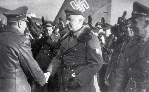 On February 17, 1943, under heavy security, Hitler flew in to Army Group South's headquarters at Zaporozh'ye, Ukraine; just 30 miles away from the front-line. Seen here, Generalfeldmarschall von Manstein is greeting Hitler on the local airfield; on the right is Hans Baur and the Luftwaffe eneralfeldmarschall Wolfram von Richthofen