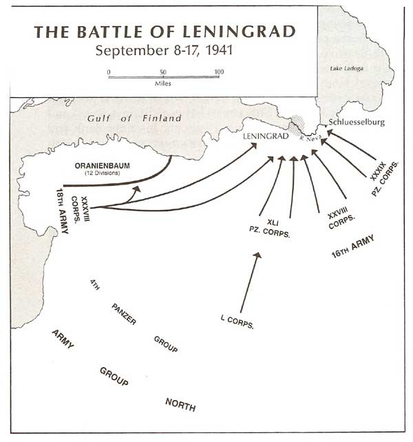 Map of the German attack on the Russian city of Leningrad in September 1941