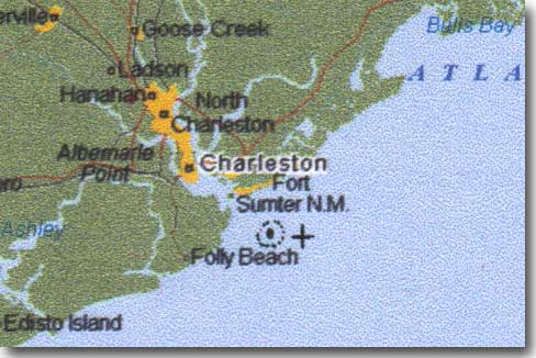 Map of Charleston area showing locations of Housatonic and Hunley
