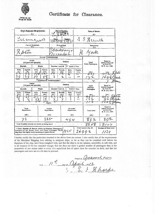 Titanic certificate of clearance