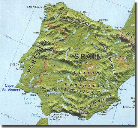 Map of Iberian Peninsula and the important places relevant to the Battle of St. Vincent, Cape St Vincent, Cartagena, The straits of Gibraltar and Cadiz.
