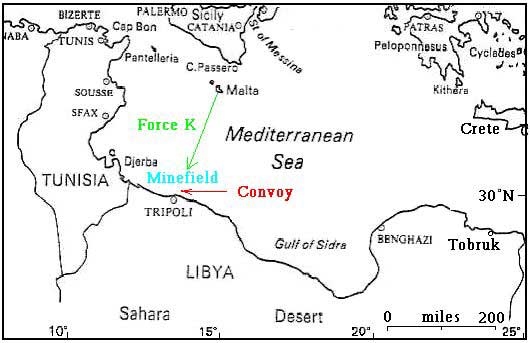 Route from Malta to Tripoli taken by Force K on the night of the 18th of December 1941.