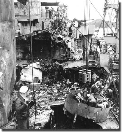 Damage to a US Navy ship at the invasion of Okinawa by Kamikaze aircraft