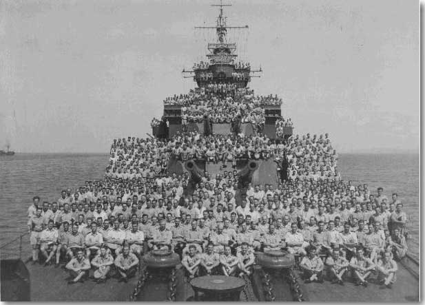 Shropshire and her crew in Lingayen Gulf, January 1945.