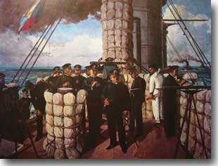 Admiral Togo on the bridge of Misaka at the battle of Tsusima Strait