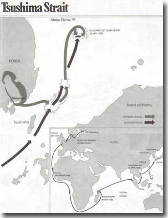 Map showing the route taken by the Russian Fleet from St Petersburg to Tsushima Strait, Masampo Bay in South Korea was Togo's Base, from here he led his forces to attack the Russians, and achieve a remarkable victory