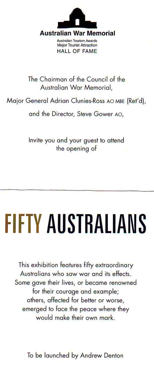 Our invitation to the Launch of the 50 AUSTRALIANS exhibition by Andrew Denton