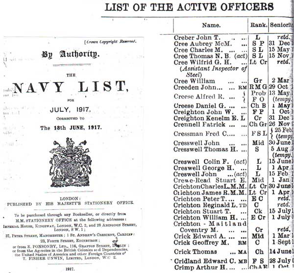 July 1917 Royal Navy, Navy List from Daniel at the British Library in London