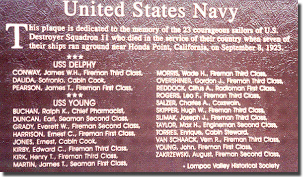 he plaque to mark the death of 23 sailors in the Honda Point disaster