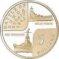 $5 coin minted to commemorate the 60th. Anniversary of the sinking of HMAS Perth, and USS Houston 