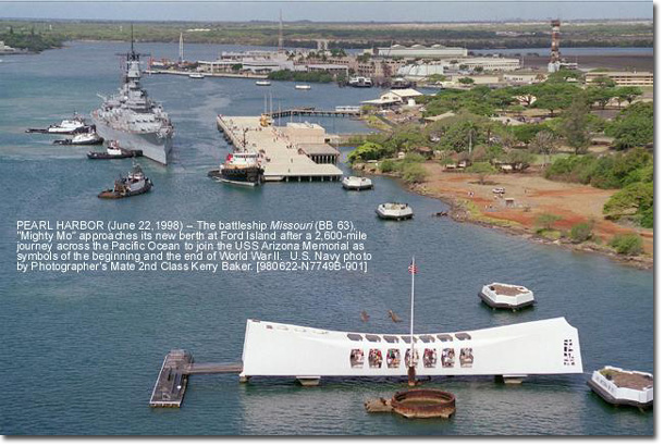 USS Missouri ends her journey from the US to reach her final destination, close to the Arizona Memorial. Two symbols representing the beginning and end of the Pacific War.