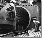 The huge hangar door open on the deck of an I-400 class Japanese Submarine - click to learn more