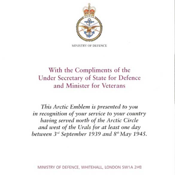 Arctic Emblem Citation from the UK Department of Defence