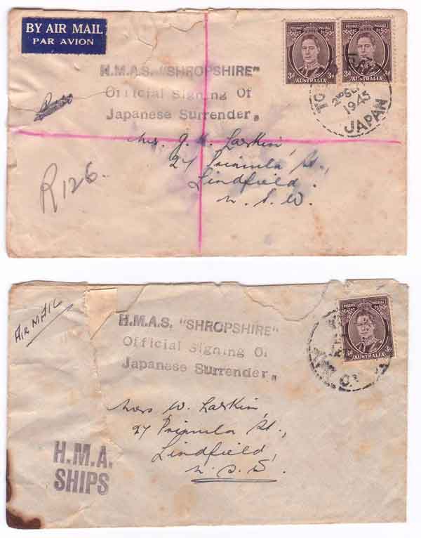 envelopes sent from the Shropshire in Tokyo Bay in September 1945 