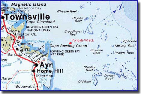 Map showing the position of the wreck of SS Yongala, diaappeared in a cyclone in 1911, and found in 1958 by two Townsville divers