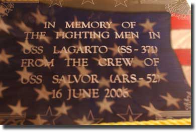 The memorial plaque placed on the stern of Lagarto