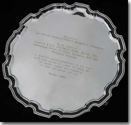 Silver Salver presented to HMAS Canberra / Shropshire Association in Queensland by the family of her Commanding Officer Captain CA G Nichols, DSO, MVO, Royal Navy