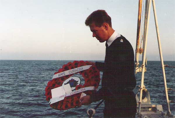 October 2nd 1992 ( HMS Nurton ) laying wreath at exact spot of sinking of HMS Curacoa 2.10.pm Oct 2nd 1942