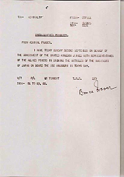 Signal to British Pacific Fleet by Admiral Bruce Fraser on the day of signing the Japanese Surrender