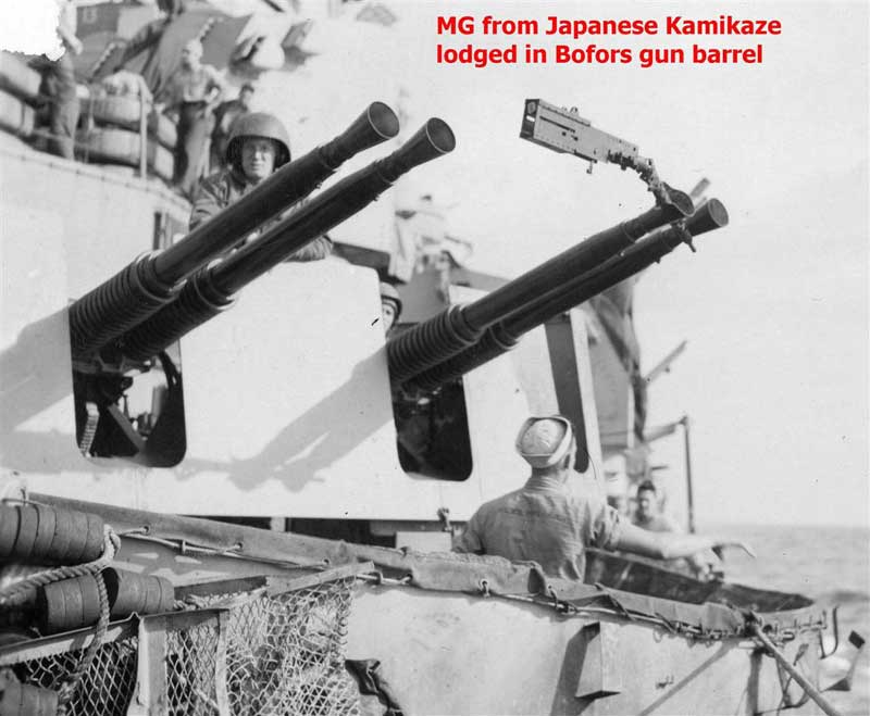 The Machine gun from the Kamikaze aircraft that crashed aboard the US Battleship Missouri.
It is lodged in one of her Quad 40 mm Bofor barrels.