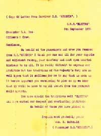 Letter of thanks from an Athenia survivor, to the CO and crew of HMS Electra, one of the rescue destroyers - click to read the article