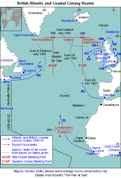 Map by Gordon Smith, details from Roskill's "The War at Sea"