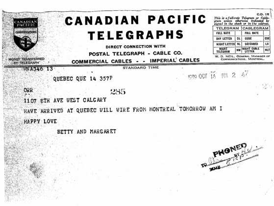 Telegram Sent from Quebec after arrival in Canada