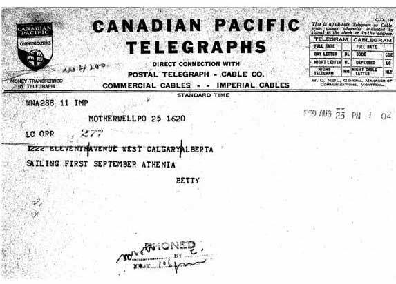 Telegram indicating Sailing in Athenia
