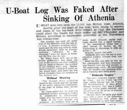 Report of Faking U-Boat log in relation to the sinking of Athenia text