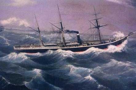 SS Admella with her three masts, and funnel in view