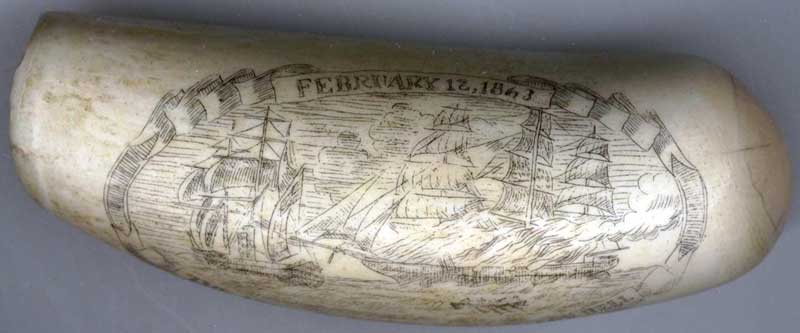 CSS Florida burns the Jacob Bell whale tooth scrimshaw carving