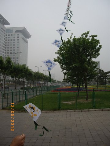 Man flying multiple kites on a single string at Beijing. He desperately tried to get us to buy a set of kites. But Our Kite Flying days are well gone