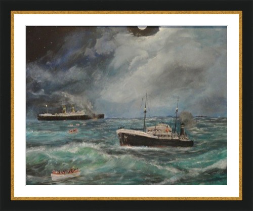 Painting of SS Valdemossa rescuing children from SS Volendam in Aug 1940 after being torpedoed by U-60 by Brian Killin