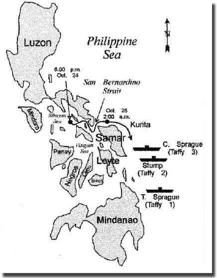 Chart showing Kurita's force about to fall on Taffy Three in the Battle off Samar