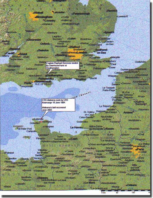 Map of English Channel showing where Alabama was sunk by Kearsarge on the 19th. of June 1864,