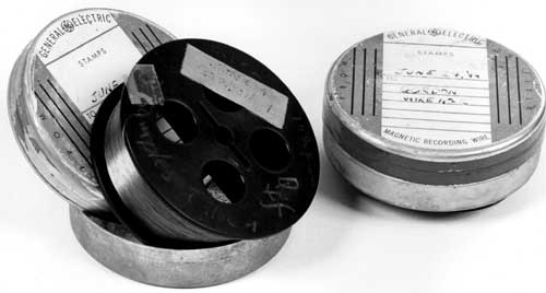 Spools of magnetic recording wire marked Gordon Wire #1 and #2