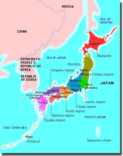 Map of Japan, Island of Hokkaido, and Tokyo on Island of Honshu
