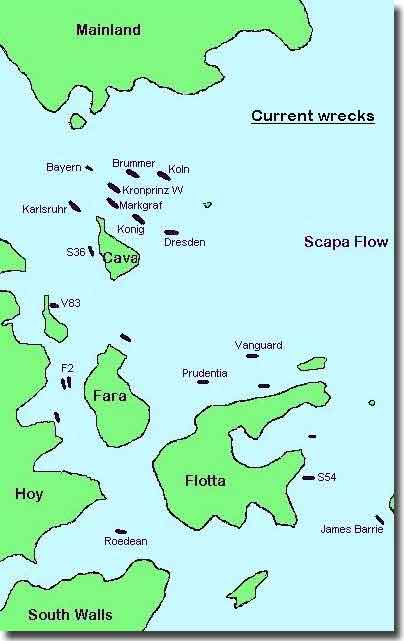 Map of wrecks of the German High Seas Fleet at Scapa Flow
