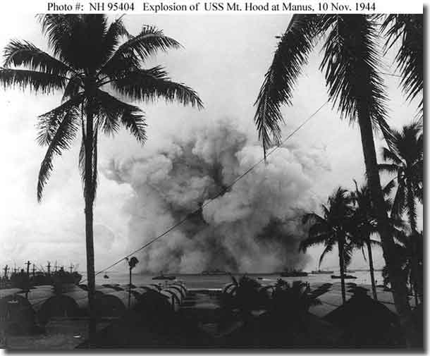 USS Mount Hood Ammunition ship disintegrates in explosion at Seeadler Harbour, Manus Island 10th. of november 1944.