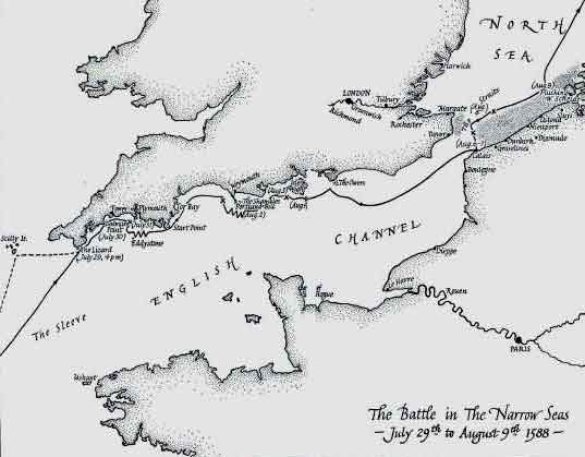 Chart of Battles between Armada and English ships. 
 The solid line marks the course taken by Spanish Ships with the dates indicating their progress.
 