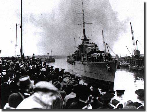 HMS Cossack arrives at Leith, Scotland with her load of British Merchant Captains, Officers and crews, February 17 1940, after their dramatic rescue from the German Altmark.