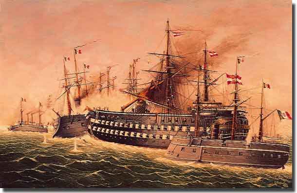 This painting by Eduard Nezbeden in 1911 depicts the Austrian triple decked wooden battleship Kaiser, ramming the Italian ironclad Re di Portogallo. Kaiser was severely damaged in this encounter
