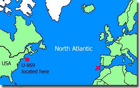 Map showing the location of U-869 off North America, previously thought sunk off Spain