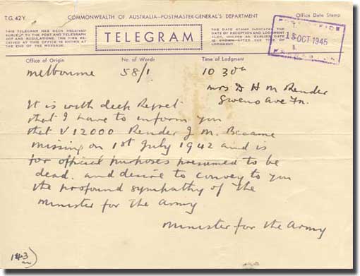 Copy of one of the telegrams despatched in October 1945 about the fate of one of those captured in Rabaul, and lost when Montevideo Maru was sunk on the 1st. of July 1942 