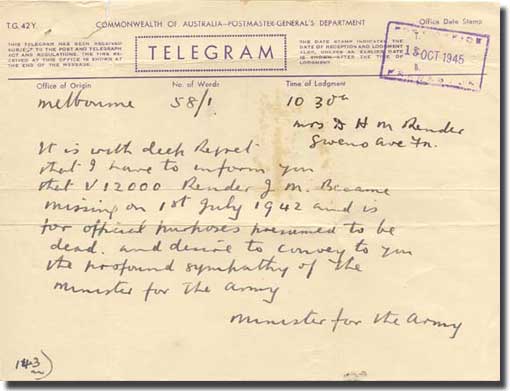 Copy of one of the telegrams despatched in October 1945 about the fate of one of those captured in Rabaul, and lost when Montevideo Maru was sunk on the 1st. of July 1942
 