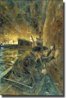 Members of Z Force attack Japanese Shipping in Singapore Harbour September 1943. Oil on canvas by Dennis Adams, Australian War Memorial