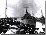 HMS Cossack arrives at Leith, Scotland with her load of British Merchant Captains,
 Officers and crews, February 17 1940, after their dramatic rescue from the German Altmark. - click to read the article