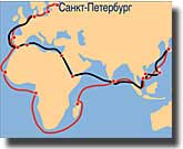 The route taken by Aurora to the Far East, and her subsequent return home